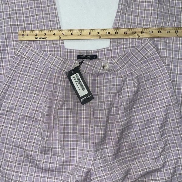 NWT Nasty Gal Sz 10 High Waisted Tapered Check Pants In Lilac - Image 7