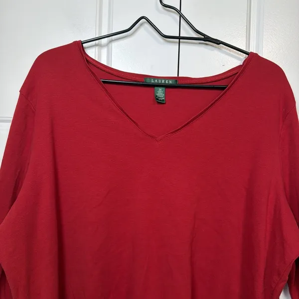 Lauren Ralph Lauren V-Neck Top Women 2X Red Long Sleeve Cotton T-Shirt - Image 4