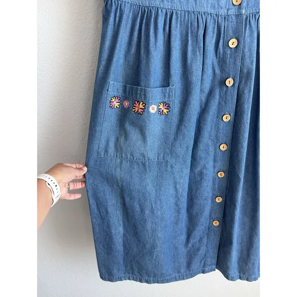 Vintage Embroidered Denim Dress Bechamel Button Front Cottagecore Grandma Core L - Image 5