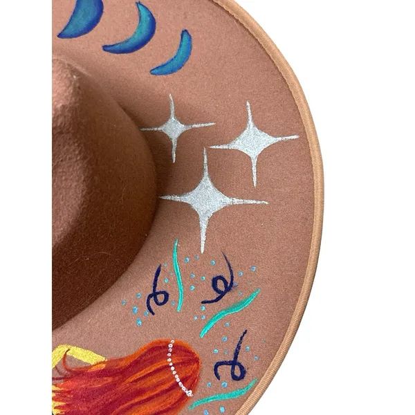 Handmade Painted Moon Mermaid Celestial Boho Rancher Western Hat Gypsy Whimsical - Image 10