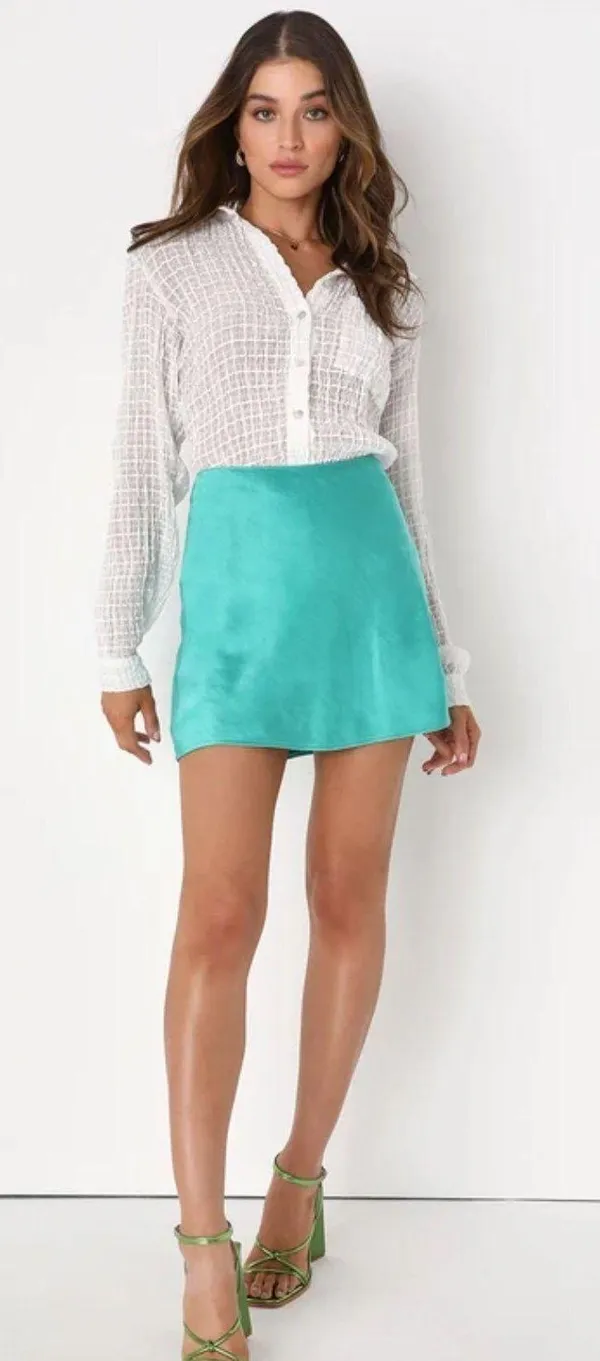 Lulus Flirty Days Teal Blue Satin Mini Skirt - Image 6