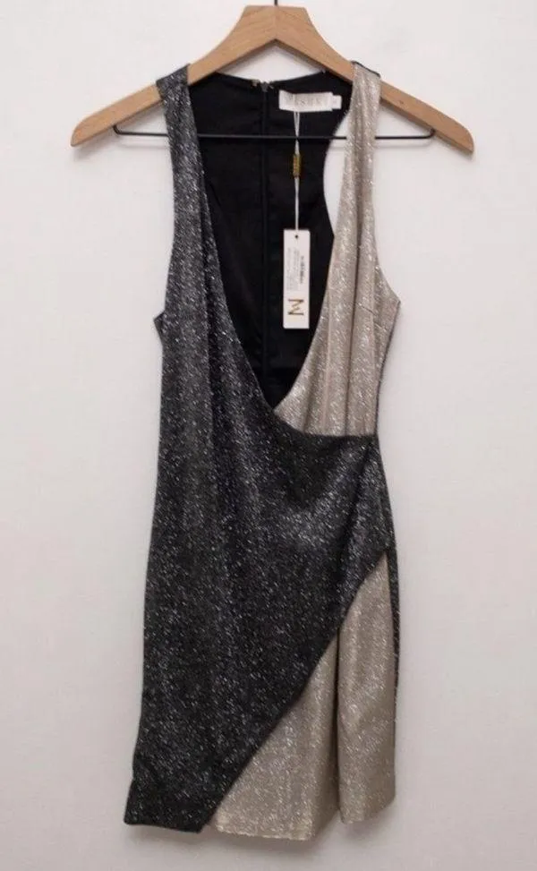 MESHKI NEW Two-Tone Glitter Wrap Dress Black Shimmer Size Medium - Image 7