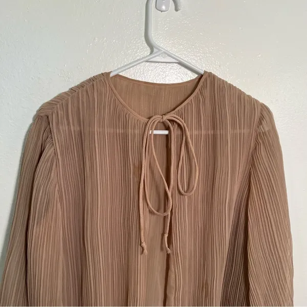 Women's‎ Pleated Blouse Long Sleeve Tan Brown Lace Hem Reversible Tie Closure - Image 2