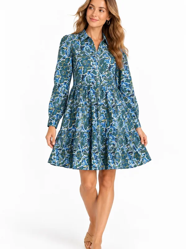 Ro's Garden Shirt Dress Womens Medium Blue Floral Tiered Mini Cotton - Image 8