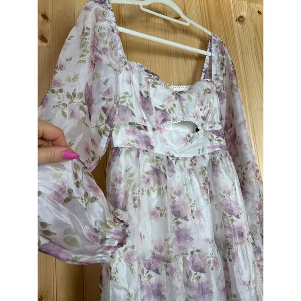 NWT Lulus Radiant Afternoon Ivory Floral Cutout Tiered Midi Dress Wedding Size S - Image 5