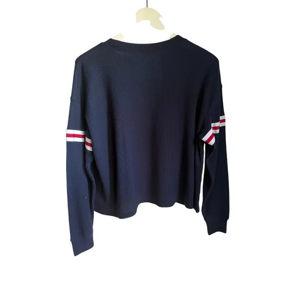 Hollister Navy Waffle Knit Long Sleeve Tee Red White Stripe Sleeves Boyfriend - Image 6