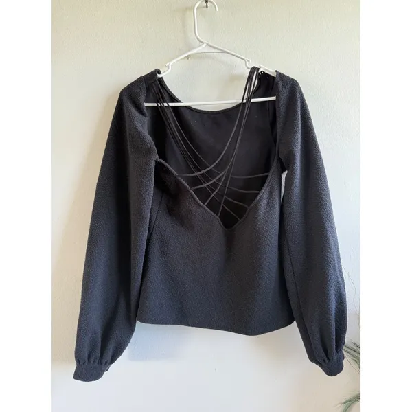 Free People Black Textured Open Back Strappy Balloon Sleeve Top M - Image 2