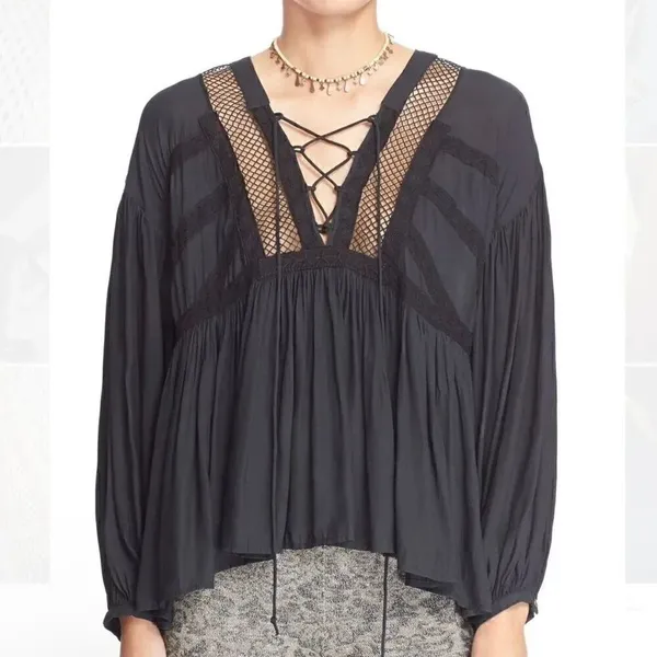 Free People 'Don't Let Go' Peasant Top black Goth fishnet vampire corset size S - Image 2