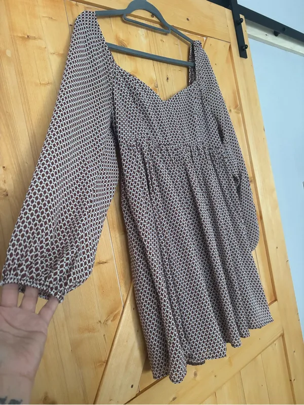 Abercrombie & Fitch Brown Geometric Print Long Sleeve Babydoll Mini Dress Size M - Image 3