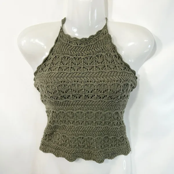 Abercrombie & Fitch XS Halter‎ Top Y2K VTG Crochet Olive Green Cotton Boho 1421 - Image 2