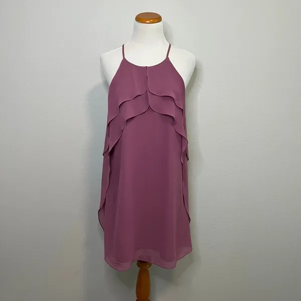 Lauren Ralph Lauren Plum‎ Purple Chiffon Tiered Ruffle Halter Shift Dress 0 - Image 2