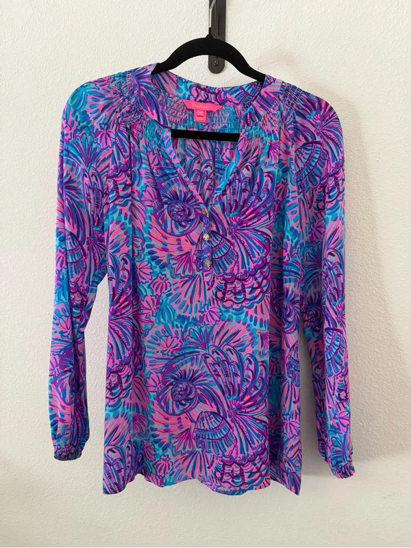 Lilly Pulitzer Silk Elsa Top Shelleidoscope Print Turquoise Oasis - Image 4