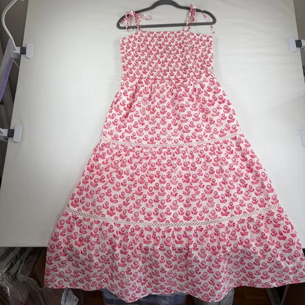 Roller Rabbit Target Pink Floral Smocked Tiered‎ Maxi Dress Tie Strap Lined NEW - Image 2