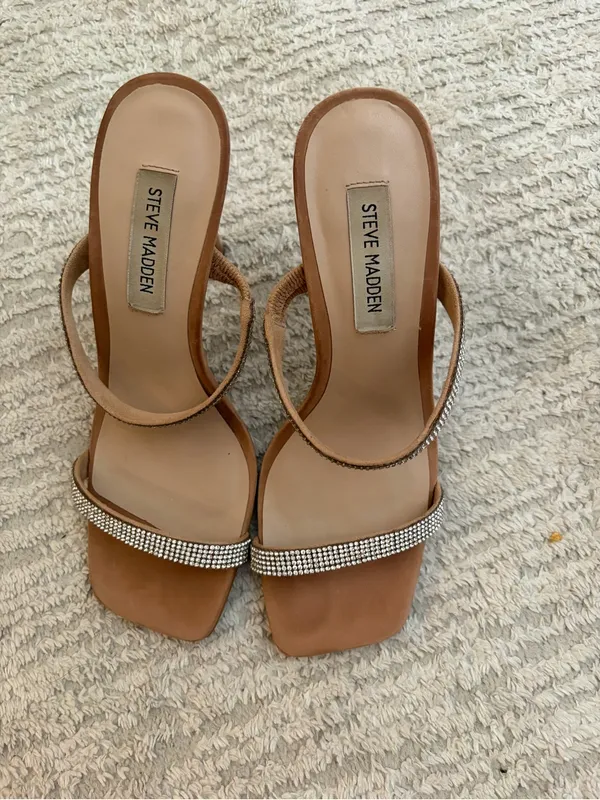 Steve Madden Tan Crystal-Strap Square-Toe Heels - Image 2