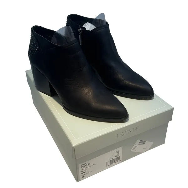 1.STATE Jelin Black Waxy Leather Studded Block Heel‎ Ankle Booties JELIN 9M - Image 2