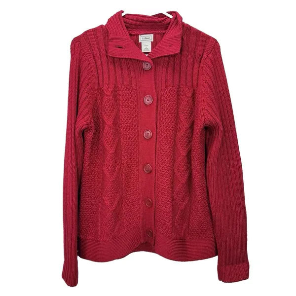 LL Bean Red Cable Knit Wool Blend Collar Button Up Cardigan Sweater MEDIUM - Image 2