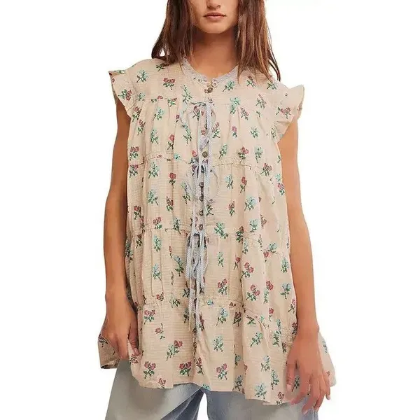 Free People Bohemian Prairie Sundown Mini Dress Tunic Top Ivory Combo Size L - Image 3