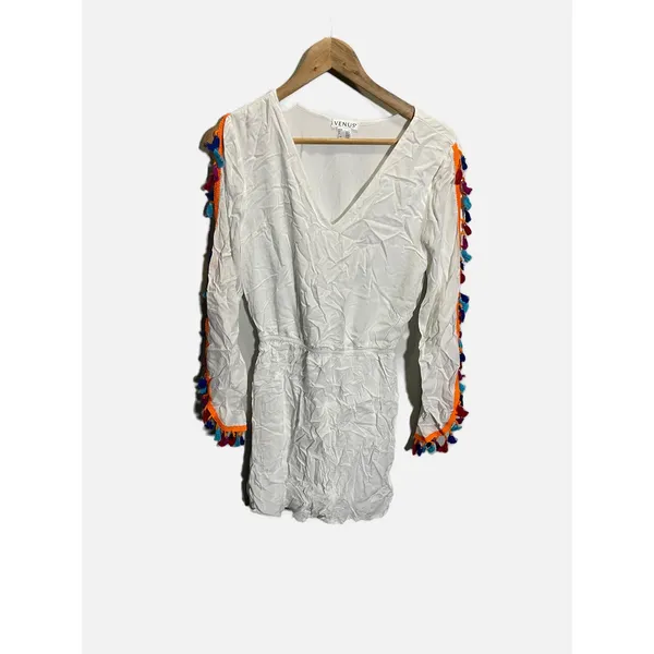 Venus Dress Women XS White Tassel Trim V-Neck Boho Beach Festival Summer - Image 2