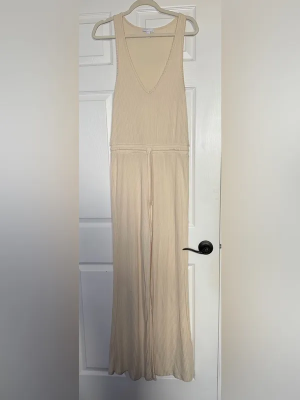 Beyond Yoga Ribbed V-Neck Wide-Leg Jumpsuit in Pale Yellow Cream Small - Image 2