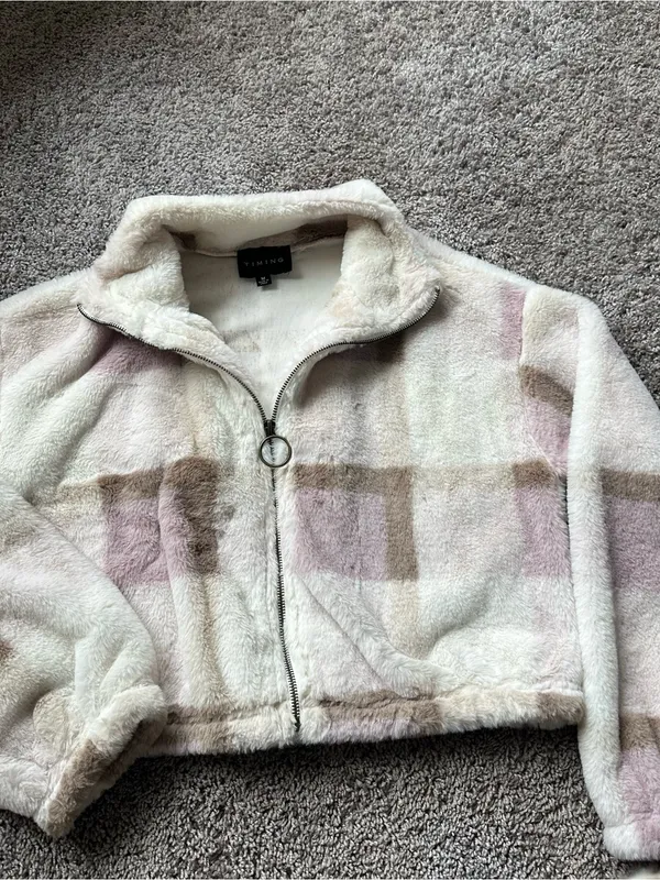 Timing Plush Zip-Up Jacket in Cream, Blush & Tan Plaid - Image 6