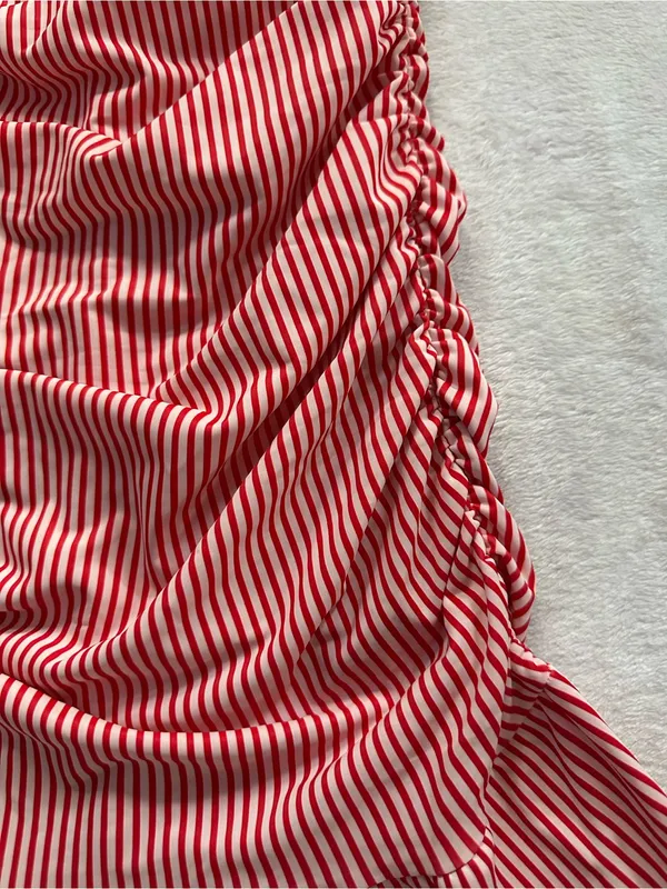 Edikted Gaia Gathered Mini Dress Red White Size XS Ruffle Hem Strapless Ruched - Image 5