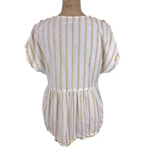 Pilcro and the Letterpress by Anthropologie White Yellow Embroidered Babydoll Top Bohemian Medium - Image 3
