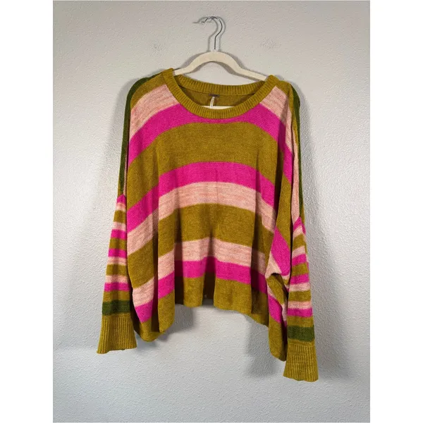 Free People Striped Green Pink Striped Oversized Sweater Womens S Boho Casual - Image 12