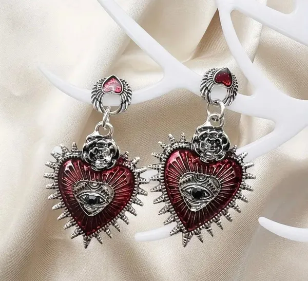 Gothic Punk Love Blood Silver/Red Color Eye Rose Dangle Alloy Drop Earrings - Image 5