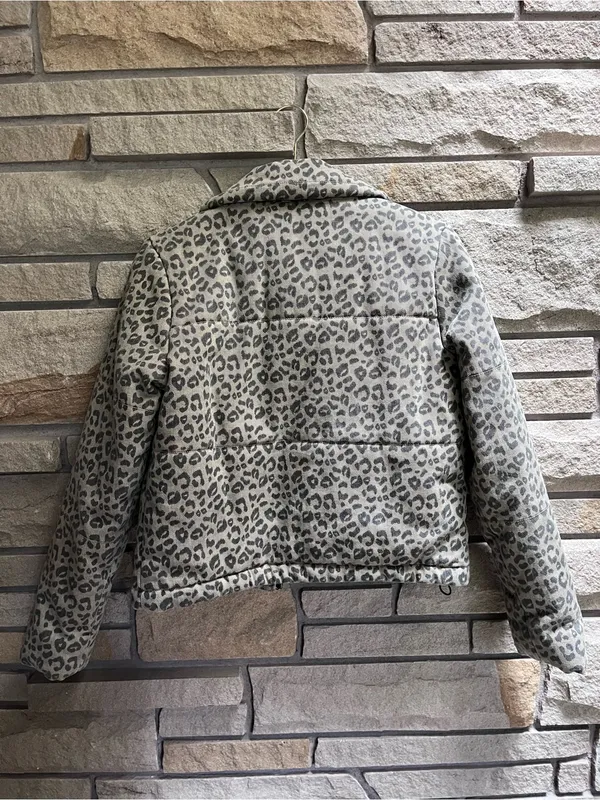 Jou Jou Denim Leopard Print Puffer Jacket - Gray Tan xs - Image 3