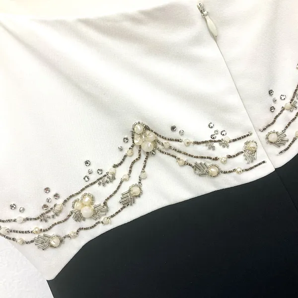 Badgley Mischka Formal Gown 10 Black White Beaded Silk Pearl High Low Maxi - Image 8