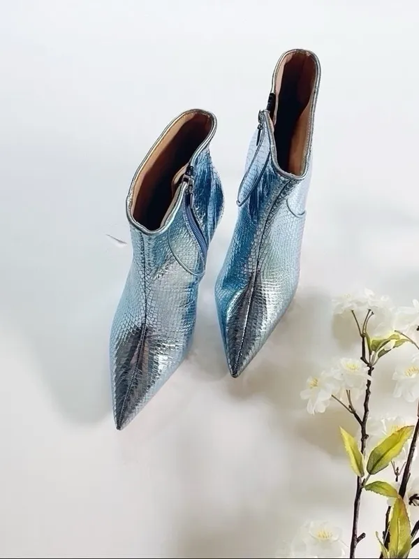 NEW Schutz Metallic Bette Ankle Bootie In Metallic Blue Leather - Image 5