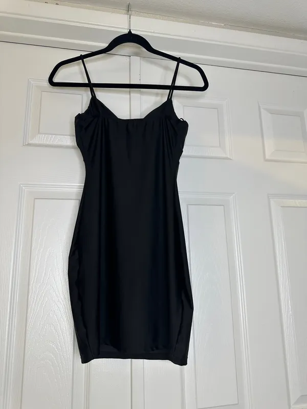 Lovely Day Black Satin Style Cowl Neck Mini Dress Small Date Night Party - Image 4