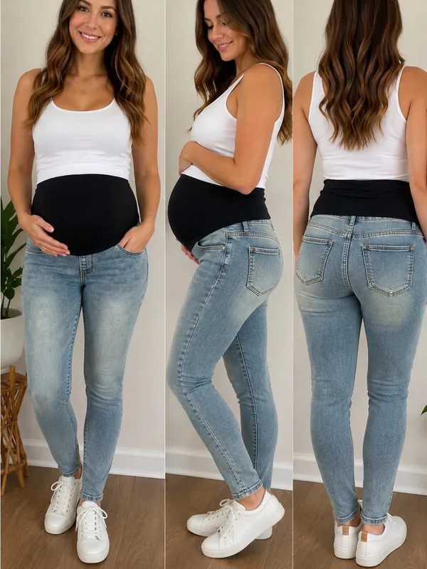 Light Blue Maternity Skinny Jeans with Black Belly Panel - Image 2