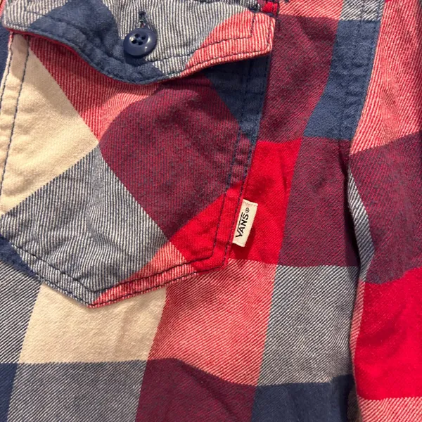 Vans Plaid Flannel Shirt Long Sleeve‎ Button Up Red Blue Cream Mens Large Y2K - Image 5