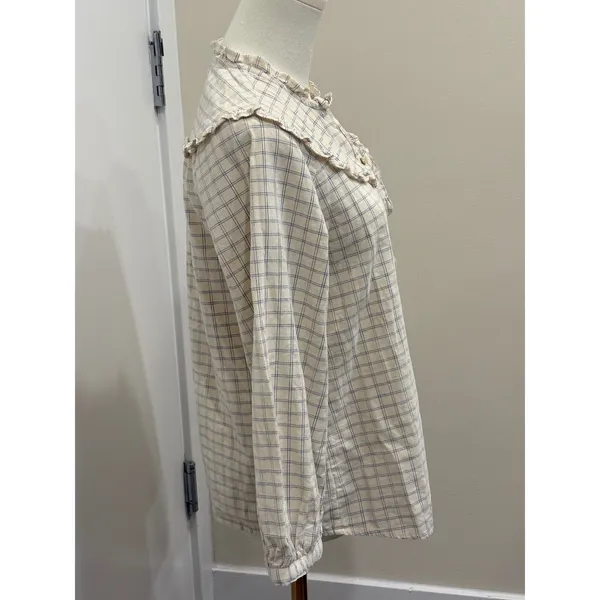 Fat Face Corduroy Ruffle Bib‎ Blouse Cream Blue Windowpane Plaid Size 4 Cottage - Image 6