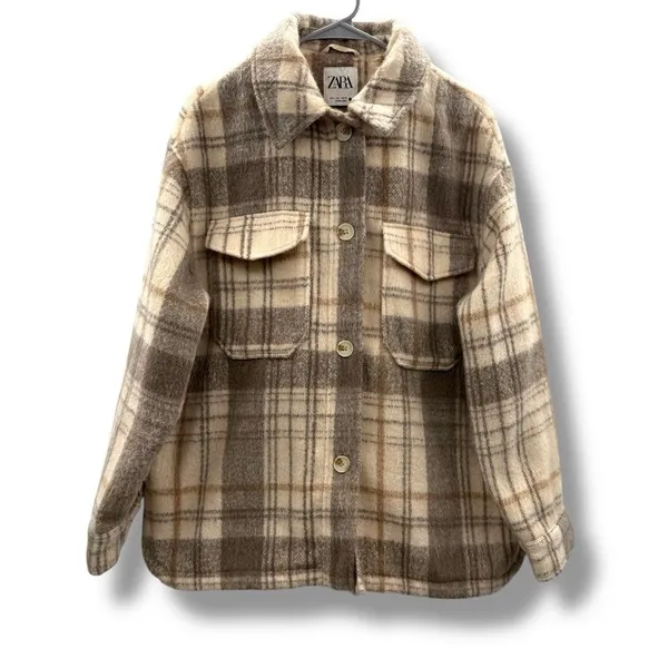 ZARA Plaid‎ Shirt Jacket Women's Size Large Cream Tan Gray Long Sleeve Collared - Image 2