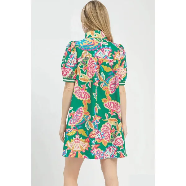 Umgee Jacquard Paisley Print Puff Sleeve Tunic Dress - Emerald Mix - Small - Image 3