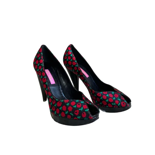 Vintage Betsey Johnson Red Green‎ Floral Platform Heels Y2K Pumps Size 5.5 - Image 2