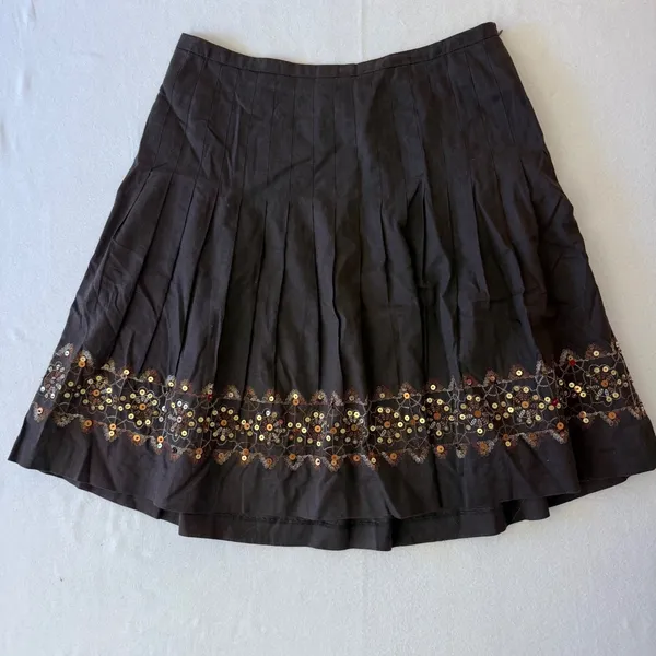 Ann Taylor Loft Brown Linen Blend Pleated Sequin Hem A-Line‎ Skirt Womens 10 - Image 5