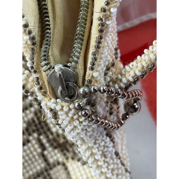 Vintage Czechoslovakia Micro Beaded Coin‎ Purse Cream Bronze Floral Evening Bag - Image 7