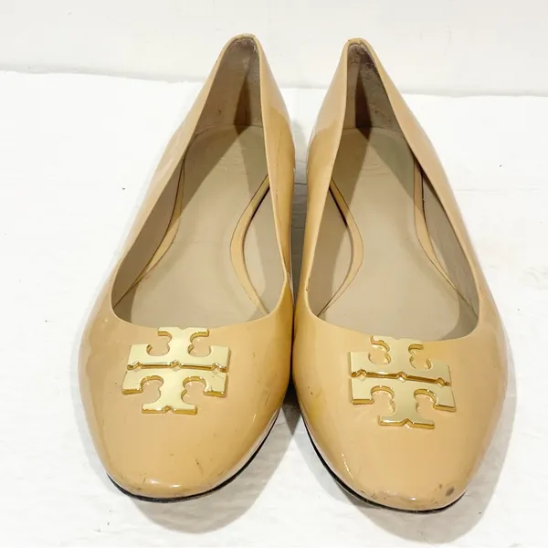 Tory Burch Size 10.5 Raleigh Patent Leather Ballet Flats‎ BEIGE Almond Toe - Image 2
