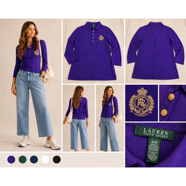 Lauren‎ Ralph Lauren Purple 3/4 Sleeve Polo Shirt Gold Crest Embroidery M - Image 2