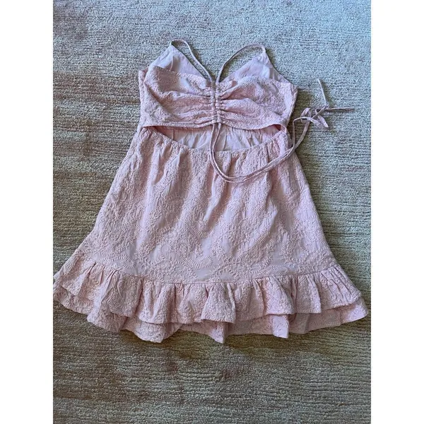 MINKPINK Pink Embroidered Mini Dress Women’s S/M Spaghetti Straps Ruffle Hem - Image 10