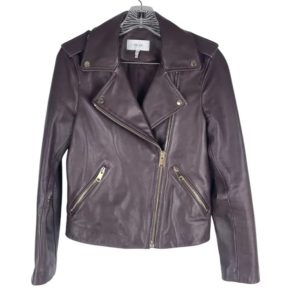 Reiss Leiya Lamb Leather Moto Jacket In Berry Brownish Red Size 4 - Image 4
