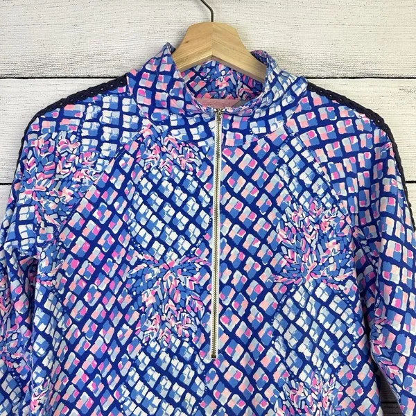 LILLY PULITZER Skipper Pullover Top Womens Small Royal Blue‎ Pink Crochet Trim - Image 2