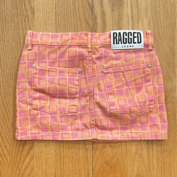 The Ragged Priest Doll Denim Mini Skirt Size 24 Pink‎ Orange Square Print Y2K - Image 3