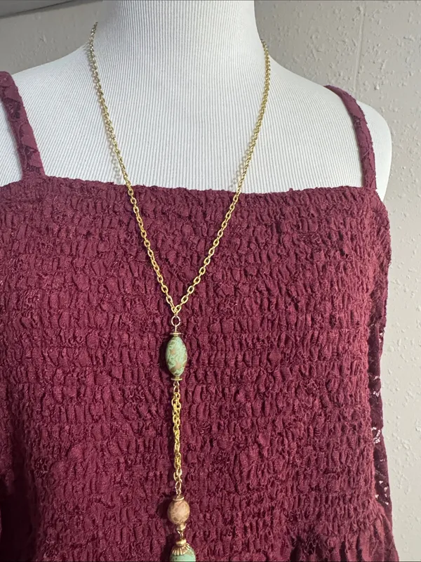 Vintage Gold-Tone Long Pendant Necklace with Turquoise Beads - Women Jewelry - Image 4