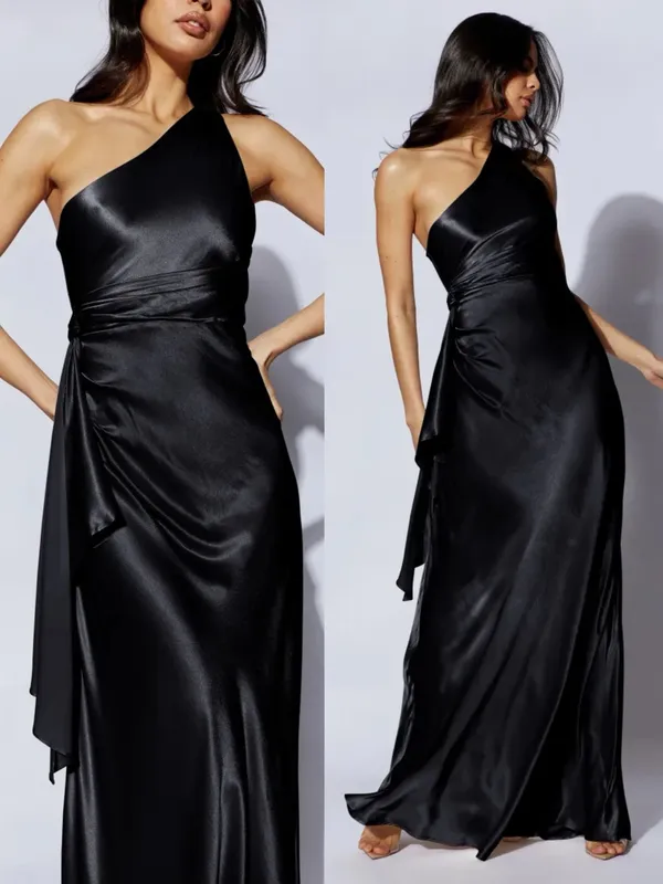 Meshki • Calliope One Shoulder Maxi Dress gown black satin formal evening draped - Image 2