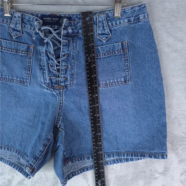 Venezia Jeans Shorts Womens 14 Blue Mid Rise Lace‎ Up Cotton Denim Medium Wash - Image 8