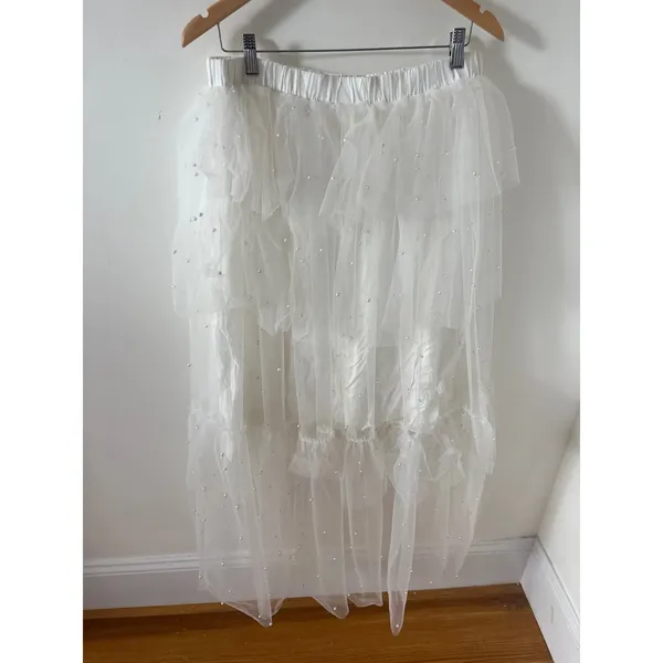Maeve Anthropologie White Tulle Pearl Tiered Maxi Skirt Large NWT Blanc 79681953 - Image 3